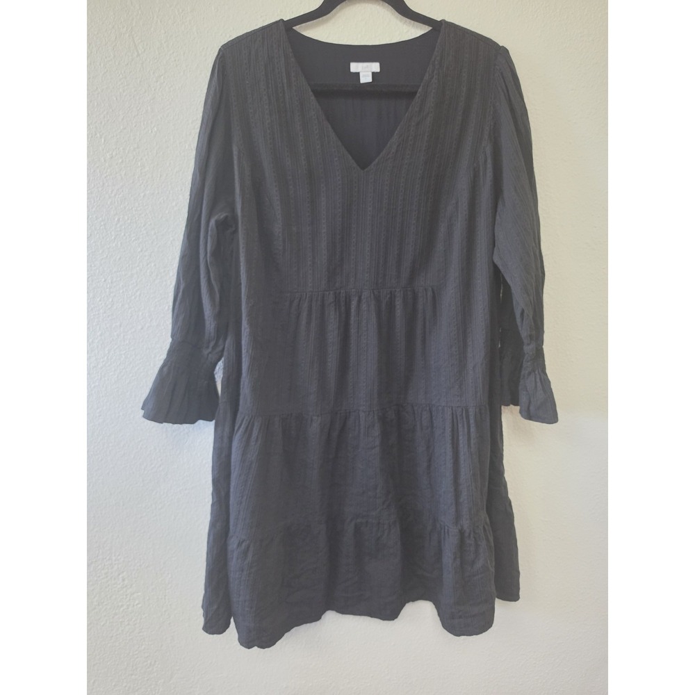 J.Jill Mini Dress L Black Textired V-Neck Long Sleeve Womens Tiered